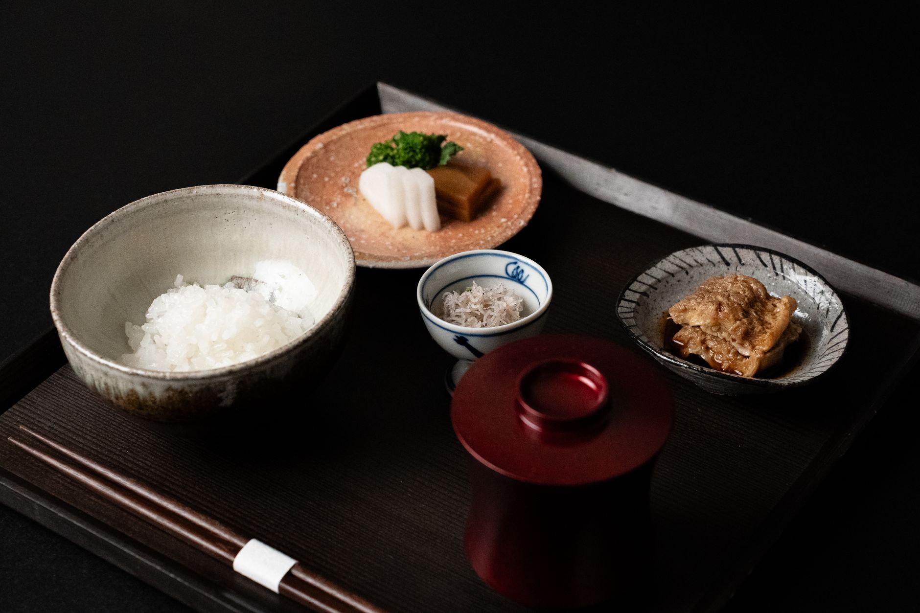 Delicate Japanese culinary dish on handmade ceramic plate